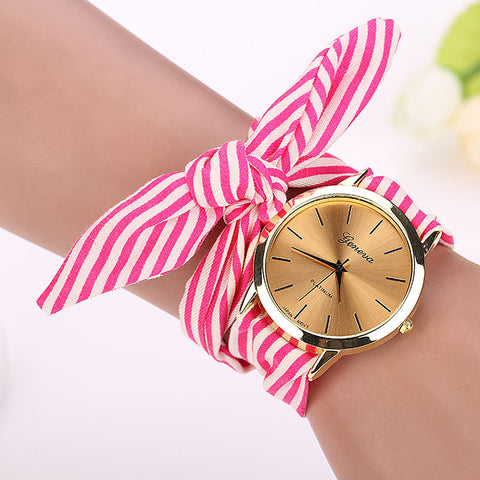 Quartz Stripe Fabric Cloth Bracelet Wristwatch For Women