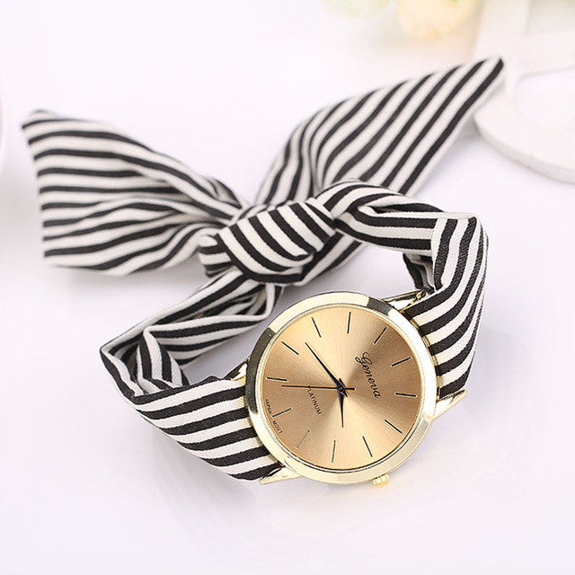 Quartz Stripe Fabric Cloth Bracelet Wristwatch For Women