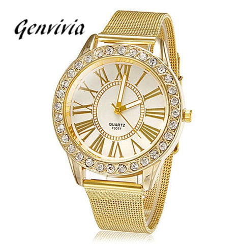 GENVIVIA Gold Stainless Steel Band Crystal Wrist Watch