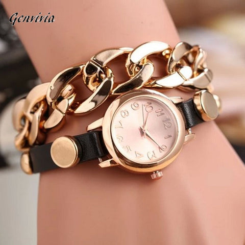 Gold Dial Leather Chain Wrap Wrist Watch