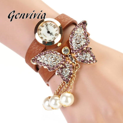 GENVIVIA  Pearls Rhinestone Butterfly Bracelet Watch