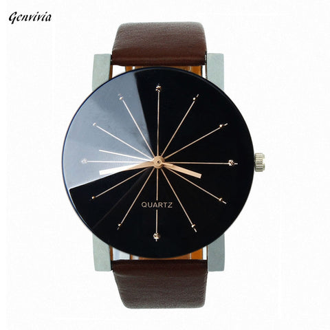 Quartz Round Dial Clock Leather Wrist Watch