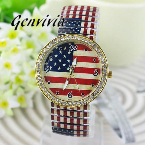 GENVIVIA Fashion Flag Pattern Diamond Wrist Watch
