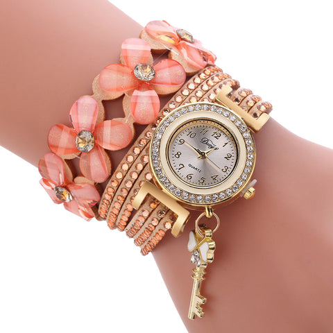 Women Gold Key Pendant Bracelet Watch