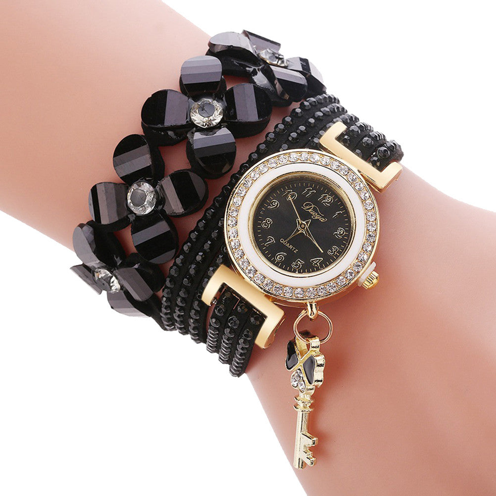 Women Gold Key Pendant Bracelet Watch