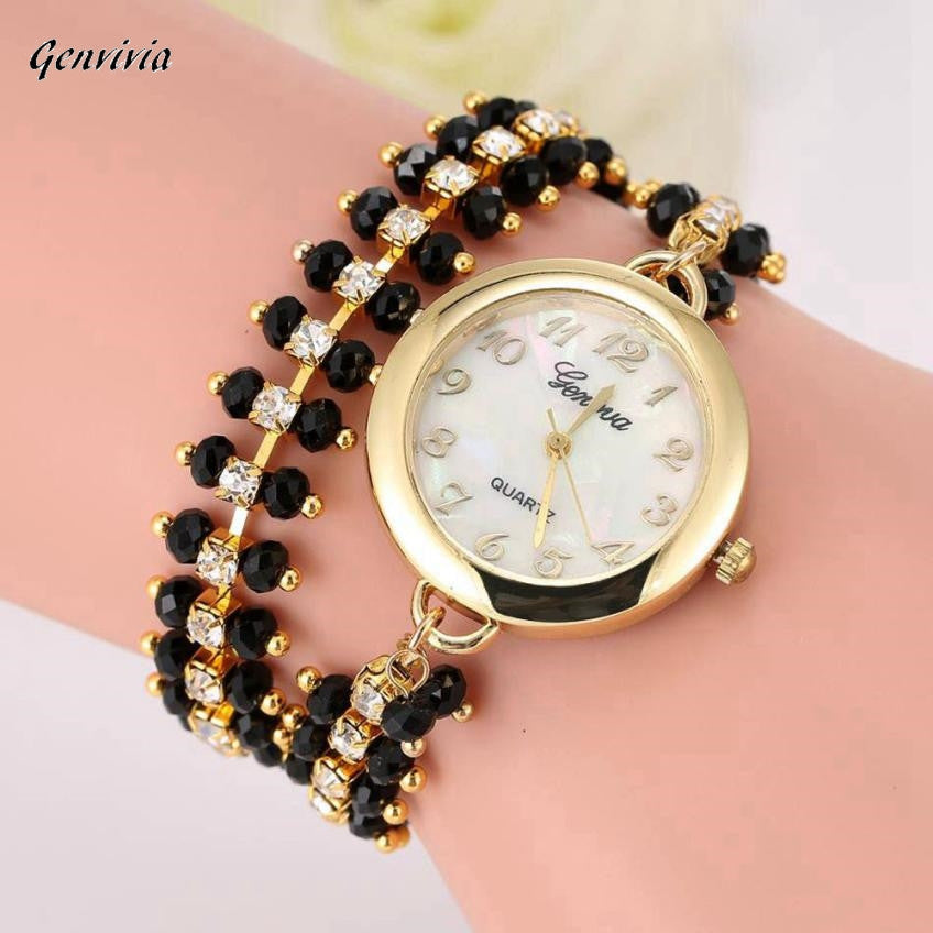 GENVIVIA Gold Rhinestone Bracelet  Wrist Watch